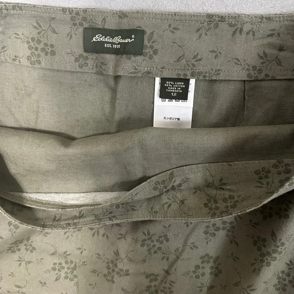 Eddie Bauer Linen‎ Blend Floral Midi Skirt Cottagecore Olive Green A-Line Womens